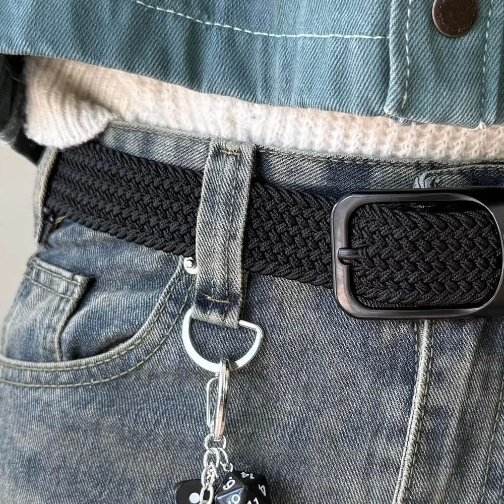 Y2K Black Grey Elastic Belt Silver Hardware Adjustable Unisex New